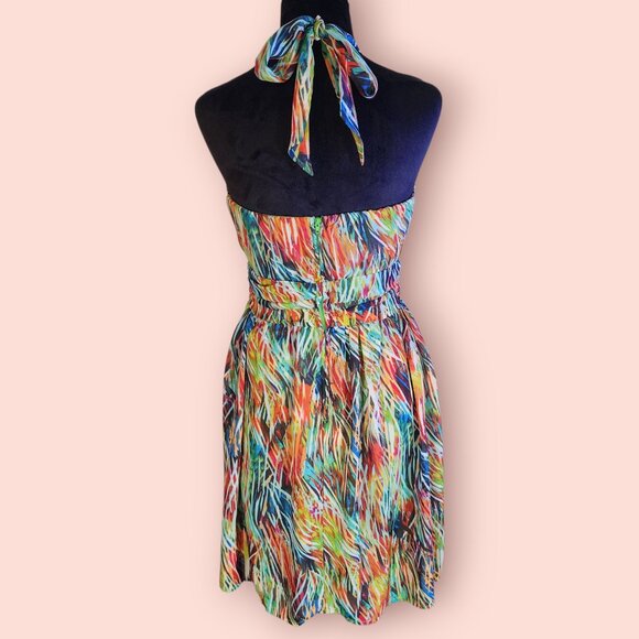 I.N. San Francisco Vibrant colorful abstract print halter dress size 3 dopamine - Picture 2 of 8